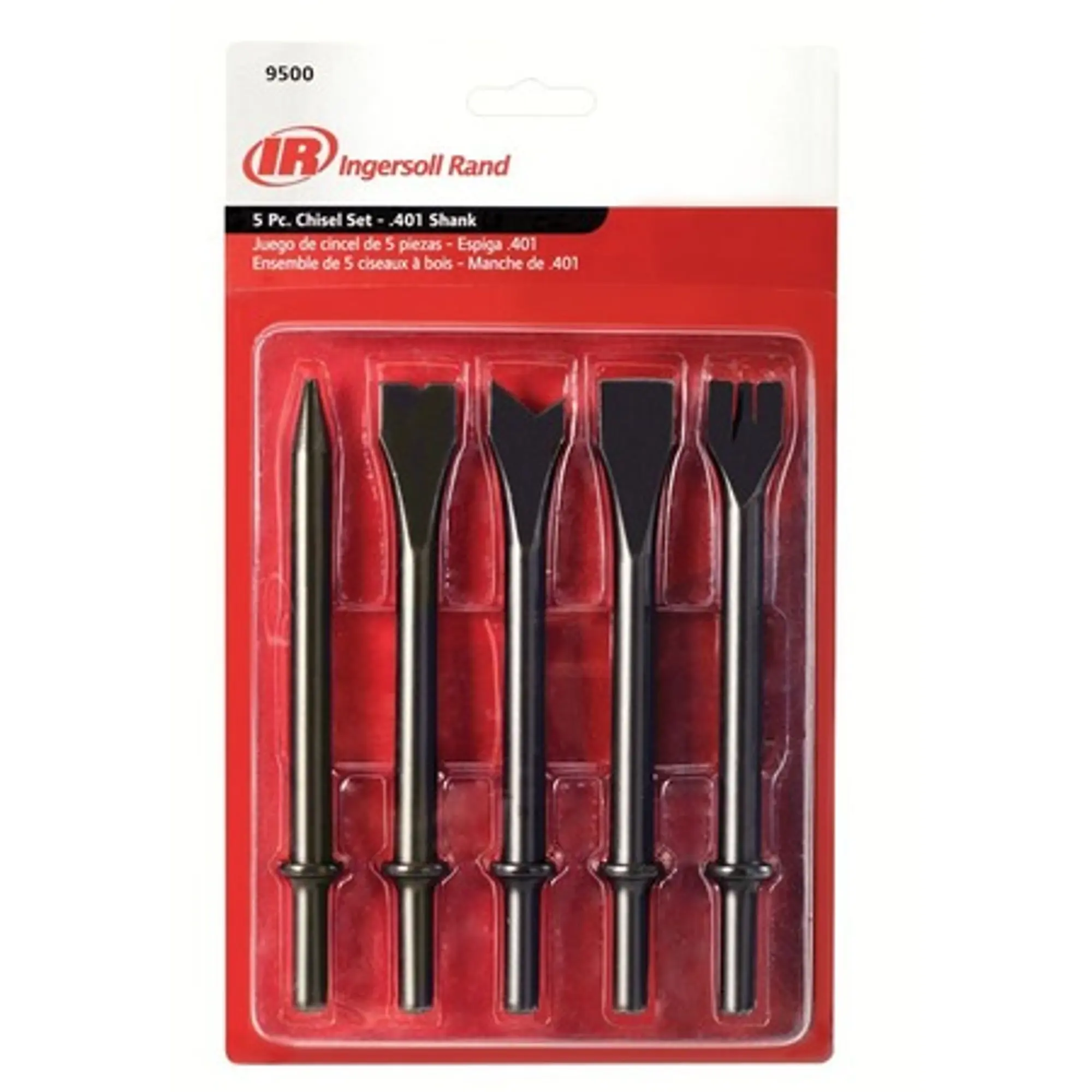 Ingersoll Rand 9500 5-piece air hammer chisel set with .401 shank in original packaging, available at Protech.